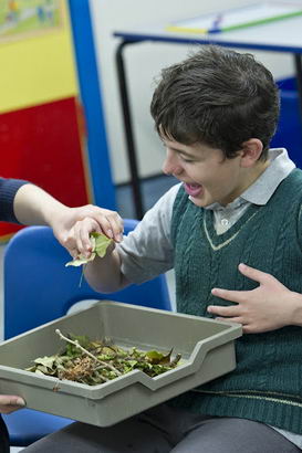 A teacher and teenage boy play
with foliage in a plastic file holder