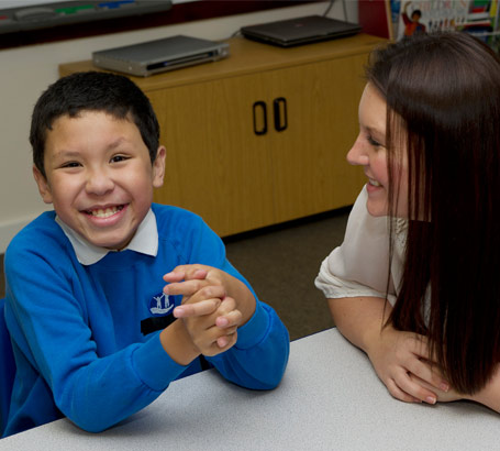 A boy and his teacher sit at a table,
smiling