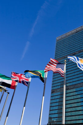 United Nations building in New York
with national flags reaching into a clear blue sky