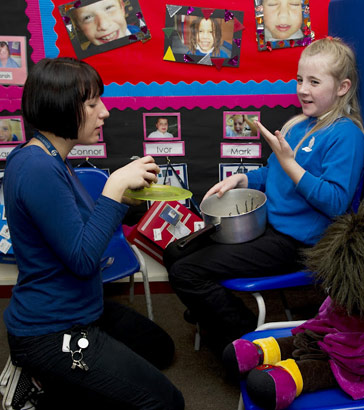 teacher and girl with different
                  objects