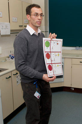A teacher holds up a 'traffic
light' card
