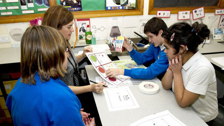 A teacher and three children
gathered around a table