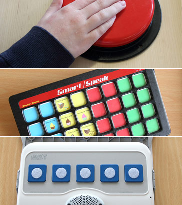 hand pressing large red switch, A VOCA device
that can be worn by a child and a Smart Speak device.