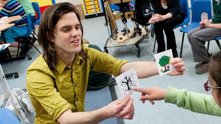 A girl points to one of two
picture cards held by her teacher
