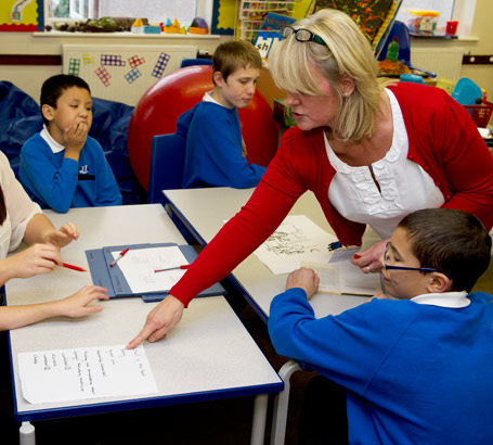 Teacher giving an explanation
                  to a group of pupils.