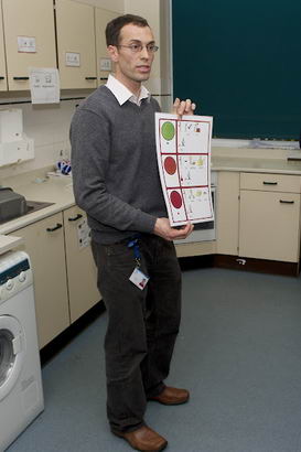 A science teacher stands in front
                  of his class holding up a self-assessment card